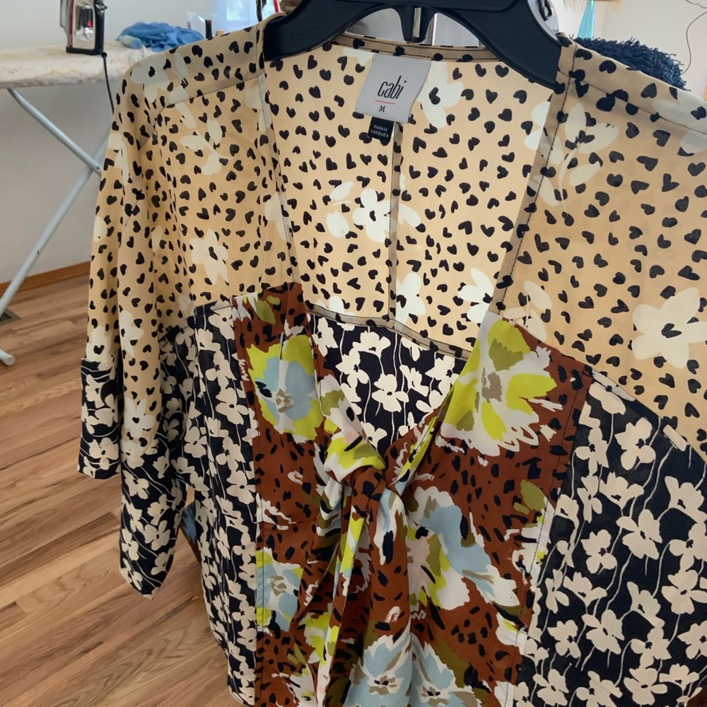 CAbi Tan and Black Heart Print Top